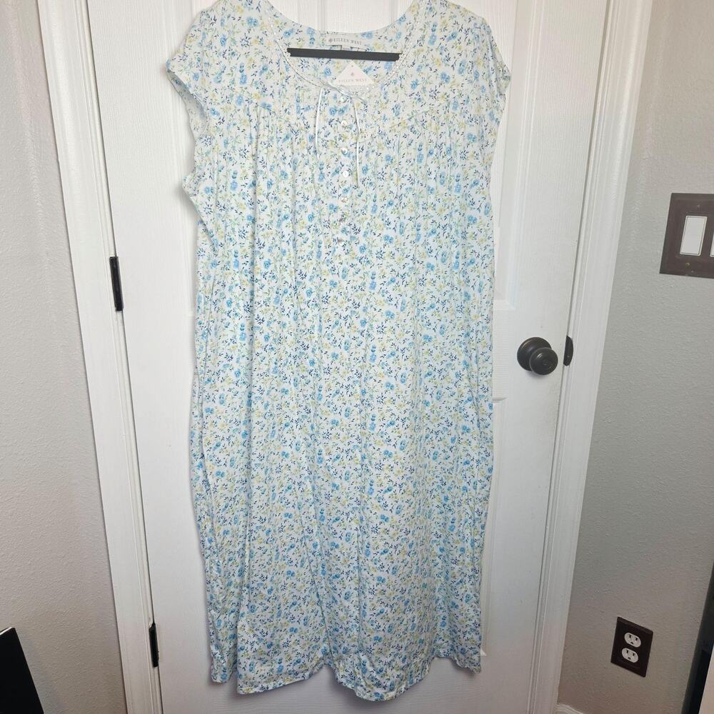 Eileen West Nightgown Womens XL Blue Floral Cotton Lace Trim Sleeveless Chemise